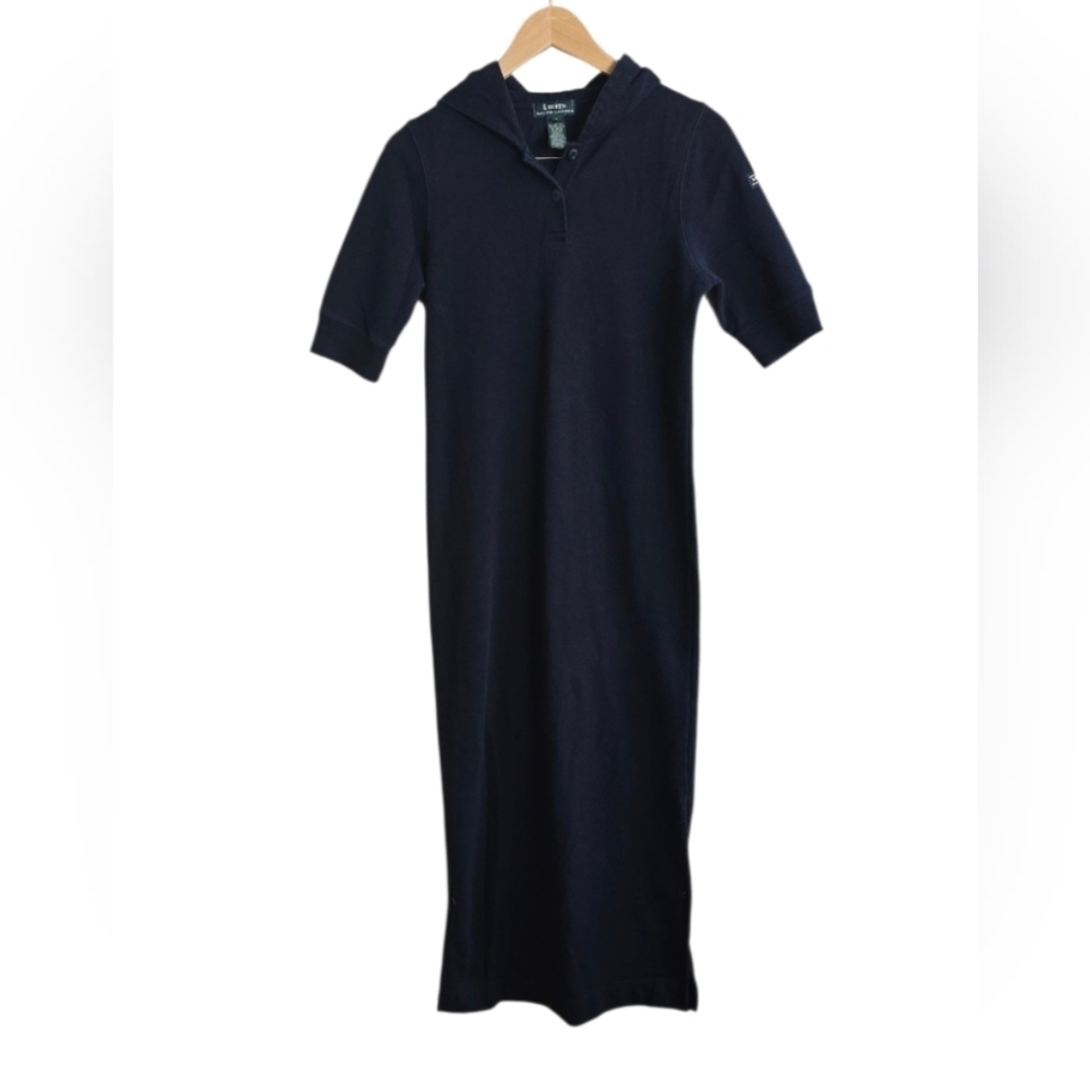 Vintage Lauren Ralph Lauren Green Label Hooded Navy Blue Maxi Dress. Size Small